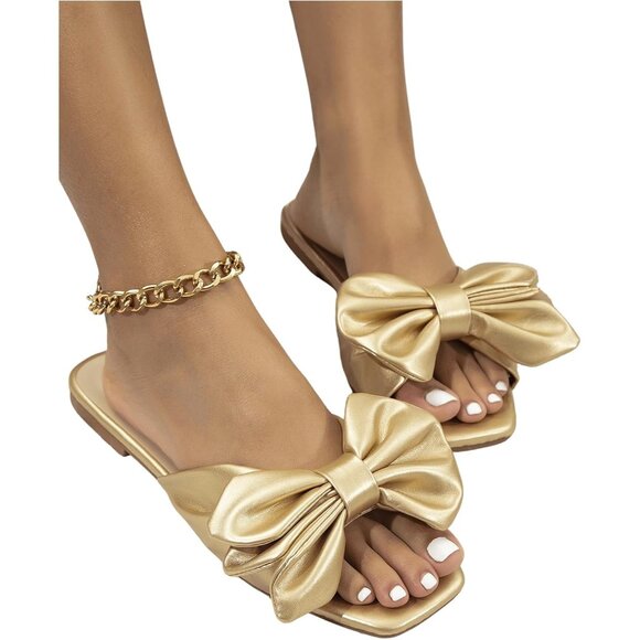 Women's Bow Gold Square Open Toe Breathable Slip On Slide Sandals Flat Shoes - Picture 2 of 5